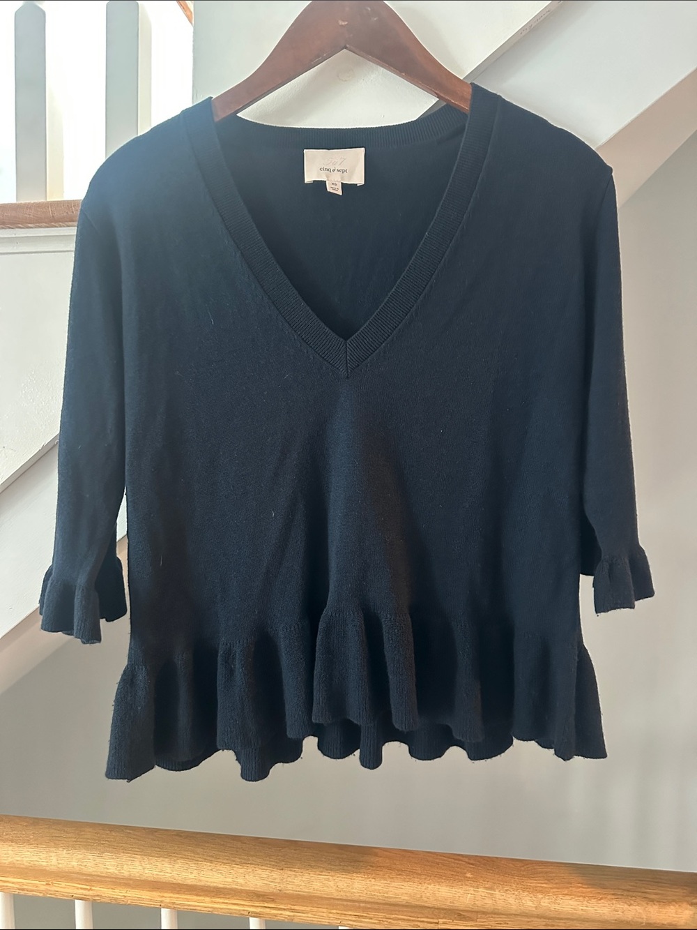 cinq a sept navy V-Neck top with ruffle trim size XS